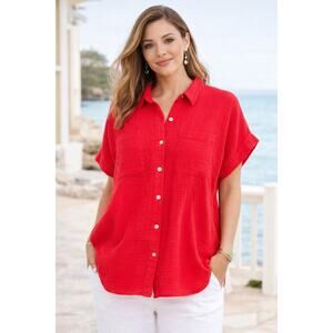 J Jill Red Gauze Cotton L Button Front Short Sleeve Pocket Top Relaxed Fit